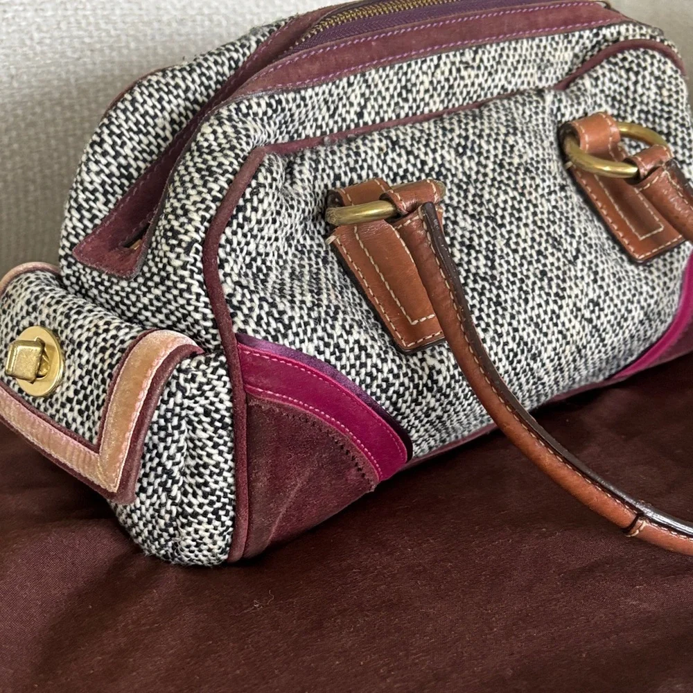 Coach Black-and-White Tweed Satchel with Brown Leather and Burgundy Accents - Picture 3 of 4